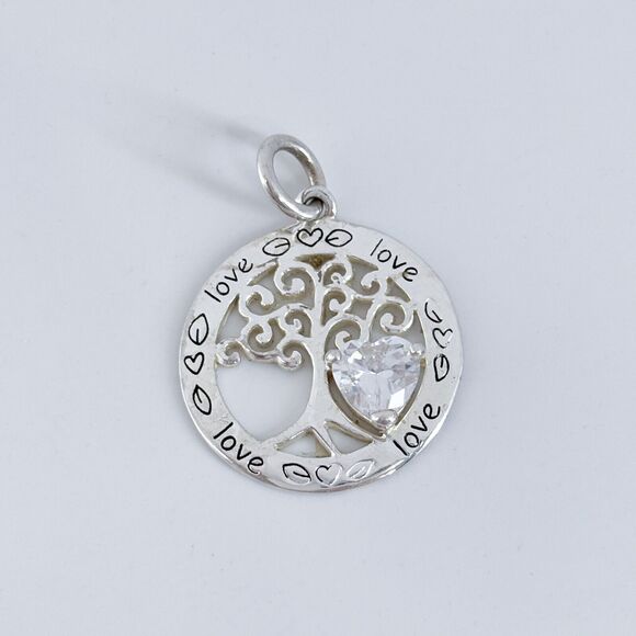 Vintage Sterling Silver 925 "Tree of Life" with Heart Cubic Zirconia Pendant - Picture 2 of 6